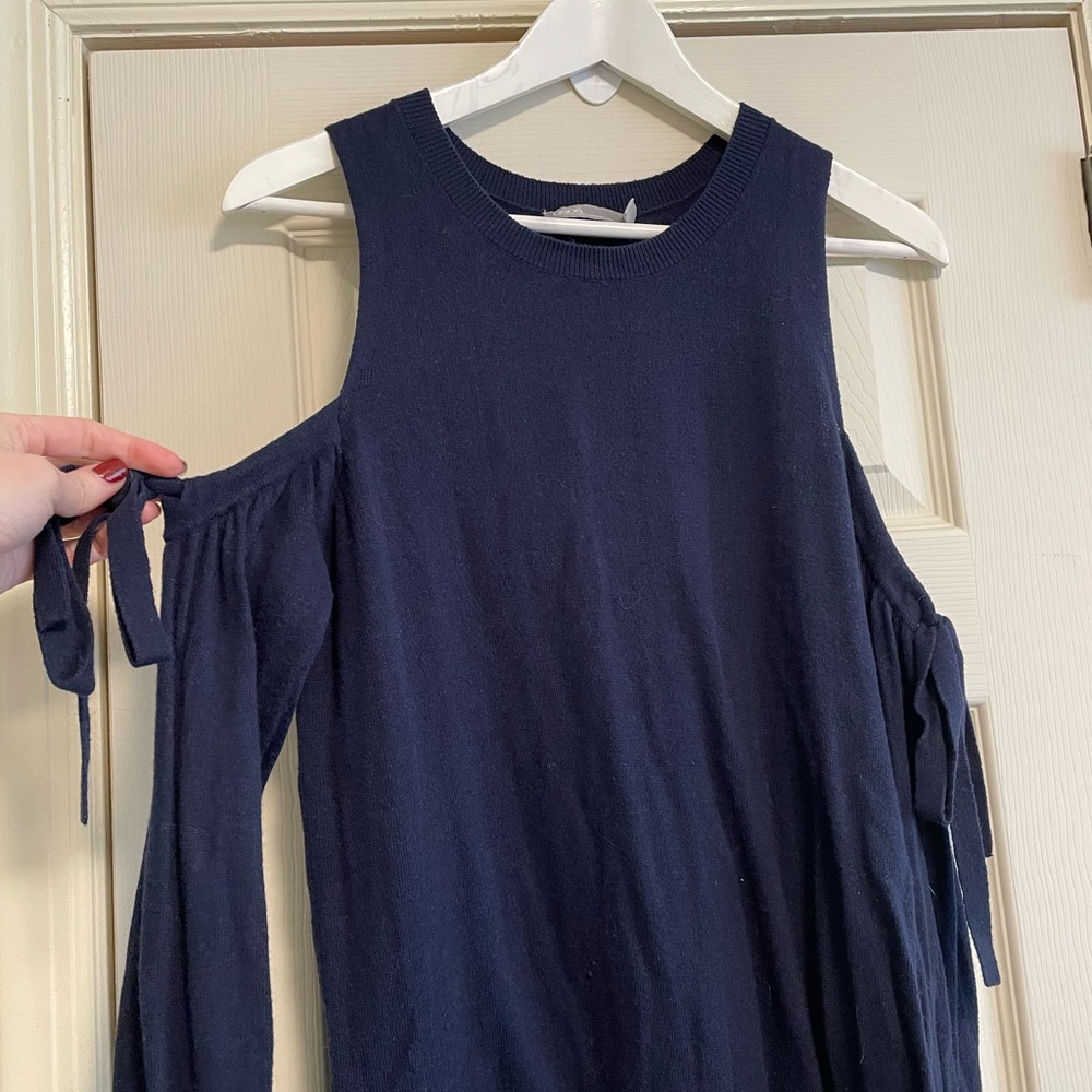 ASOS navy sweater dress open shoulder